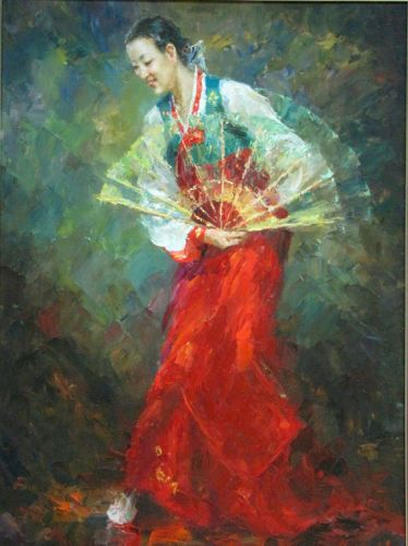 金永哲 朝鮮油畫《舞者》 金永哲從事油畫創(chuàng)作10多年，創(chuàng)作了30多幅人物畫、風景畫等，是一位才華橫溢的年輕美術(shù)家。